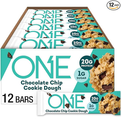 ONE Protein Bars, Chocolate Chip Cookie Dough, Gluten Free with 20g Protein and 1g Sugar, Pantry Staples, 2.12 oz (12 Count)