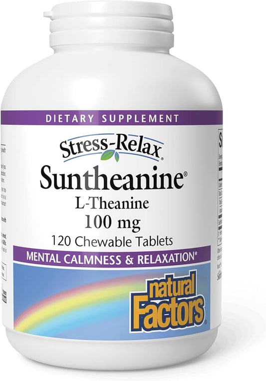 Natural Factors Suntheanine L-Theanine 100 mg - Health Supplement for Calm Outlook - L-Theanine Supplement Supports Relaxing Sleep & Aids Against Drowsiness - 120 Chewable Tablets (60 Servings)