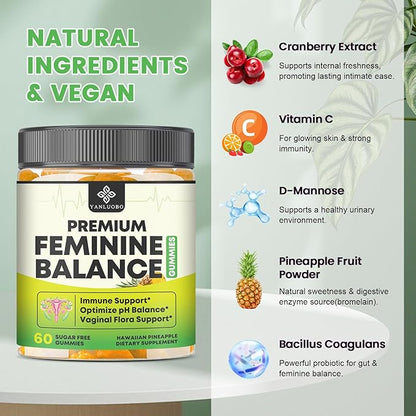 Feminine Balance Probiotic Gummies - Women's Vaginal Health Support | PH Balance & Odor, Flora, Immune Support | Probiotics for Women, Vegan Pineapple Flavor, 60 Count