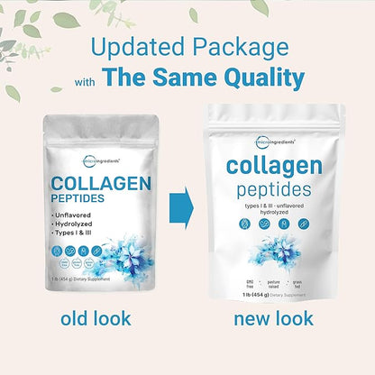 Micro Ingredients Hydrolyzed Collagen Peptides Powder, 1lb | Type I & III Grass-Fed Collagen for Women & Men | Unflavored Protein for Hair, Skin, Nails, Joints* | Easy Dissolve, Paleo, Non-GMO