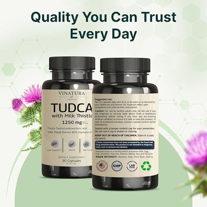 VINATURA TUDCA Milk Thistle 1250mg - Tudca Supplement, Tudca Bile Salts, Liver Support, Gallbladder Supplements *USA Made and Tested* Bile Salts Supplement - 90 Capsules