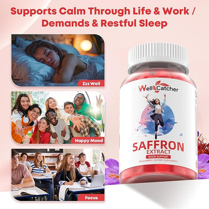 Saffron Gummies for Adults Kids - Organic Saffron Extract Supplement for Men Women Sugar Free for Mood Balance Support Better Sleep Metabolism with Vitamins Non GMO Strawberry Flavored 60 Days Supply