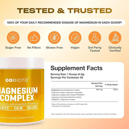 GoBiotix Magnesium Glycinate Powder – Cortisol Supplements for Women and Men – High Absorption Magnesium Complex Calm Supplement with Citrate, Malate – Sugar Free – 420 mg, 60 Servings - Honey Citrus