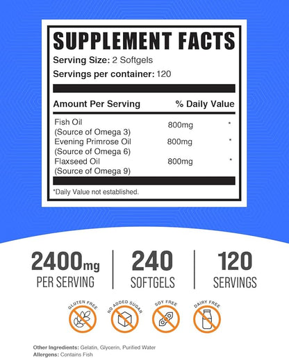 BulkSupplements.com Omega 3-6-9 Softgels - Triple Omega Supplement, from Flaxseed, Evening Primrose & Fish Oil- 2 Softgels per Serving, 240 Count (Pack of 1)