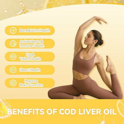 Cod Liver Oil Gummies 1000mg, for Adults & Kids with Omega-3 Vitamin A & D3, Fish Oil Supplement, Supports Eye Health, Brain Function & Bone Health, Sugar-Free, Non-GMO, Gluten-Free 120 Count