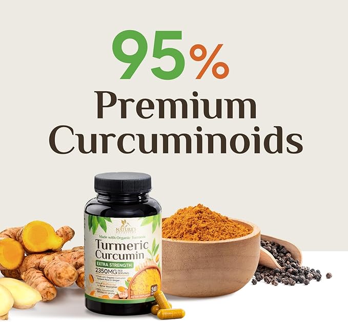 Turmeric Curcumin Supplement 2350mg - 95% Curcuminoids with Organic Turmeric & Ginger, BioPerine Black Pepper for Best Absorption, Nature's Vegan Joint Support, Non-GMO, Bottled in USA - 240 Capsules