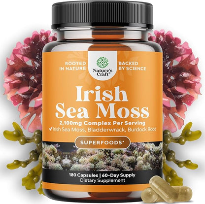 Natures Craft Irish Sea Moss Capsules - Sea Moss Pills with 2100mg Serving Superfood Complex with Bladderwrack Burdock Root and BioPerine for Immune Skin & Thyroid Support - Vegan Non-GMO - 180 Count
