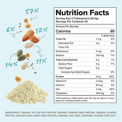 Complement Organic Unflavored Vegan Protein Powder (30 Servings) Low Carb, Low Calorie, Sugar Free, Soy Free, Non-GMO, Gluten Free, Non Dairy- Yellow Pea, Pumpkin Seed- 15g Plant Based Protein Powder
