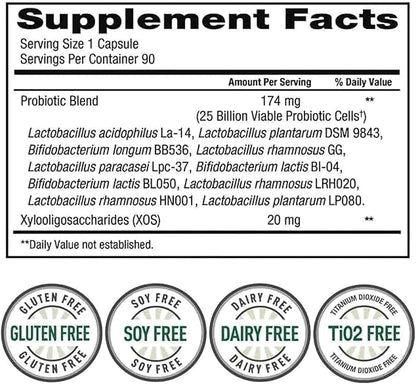 Tru Nature Women's Daily PROBIOTIC 90 Capsules, 25 Billion Cells Vegetarian Probiotics for Digestive Health 90 Count, 90 Day Supply +Better Guide Vitamins