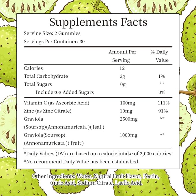 Soursop Gummies for Adults, Organic Soursop Leaves and Fruit Extract with Vitamin C, Zinc, 3500mg Soursop Graviola for Immunity, Digestive Aid & Antioxidant Boost, Sugar/Gluten Free(30 Servings)