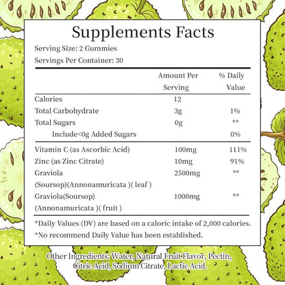 Soursop Gummies for Adults, Organic Soursop Leaves and Fruit Extract with Vitamin C, Zinc, 3500mg Soursop Graviola for Immunity, Digestive Aid & Antioxidant Boost, Sugar/Gluten Free(30 Servings)