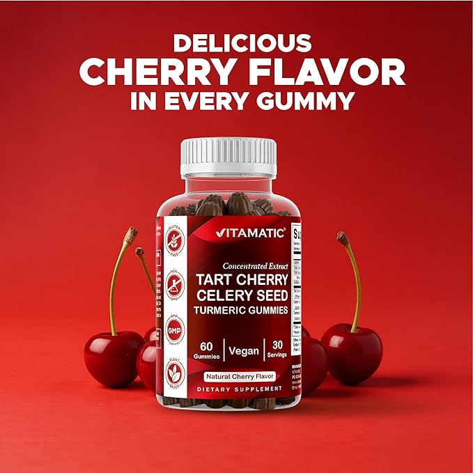 Vitamatic Tart Cherry (360 mg) with Celery Seed (30 mg) 10:1 Extract & Turmeric 20:1 Extract (10 mg) - (Per Serving/2 Gummies) - 60 Gummies (Pack of 2)