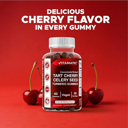Vitamatic Tart Cherry (360 mg) with Celery Seed (30 mg) 10:1 Extract & Turmeric 20:1 Extract (10 mg) - (Per Serving/2 Gummies) - 60 Gummies (Pack of 2)