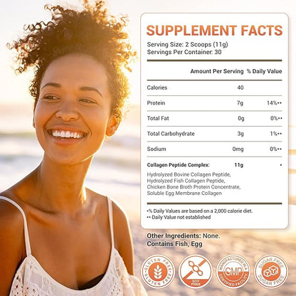 Collagen Peptides, 5 Types of Hydrolyzed Collagen Powder Supplement (I, II, III, V, X), 11g Collagen for Women & Men, Supports Hair, Skin, Nails, Joints & Bones, Unflavored, Keto Friendly, 30 Servings