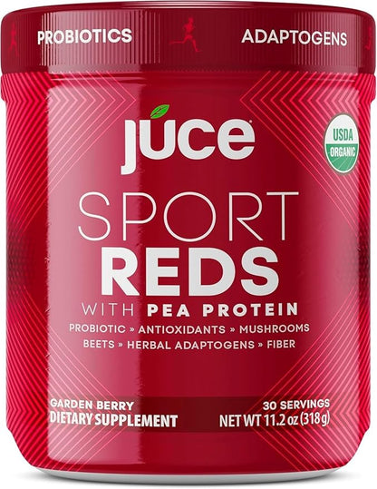 Terra Kai Organics Juce SR7 Sport Reds Organic Fruit & Veggies w/Pea Protein | 43 Superfoods, Antioxidants, Mushrooms, Beets, Herbal Adaptogens, Probiotic, Fiber, Garden Berry Flavor (30 Servings)