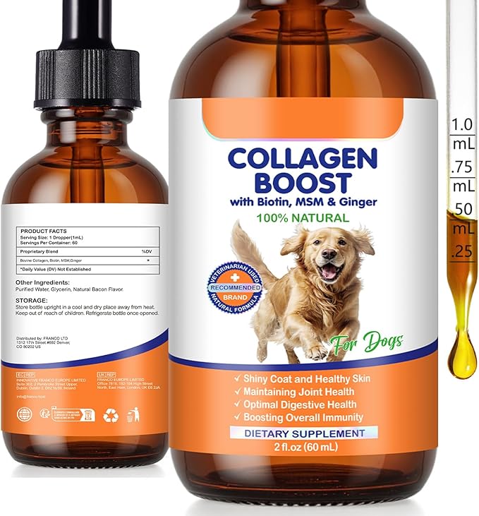 Collagen for Dogs 60ml, Liquid Dog Collagen Drops, Liquid Collagens for Dogs Joints, Skin & Coat, Support Dog Itchy Skin Relief & Digestive Health, Pet Supplement with Biotin,MSM&Ginger, Bacon Flavor