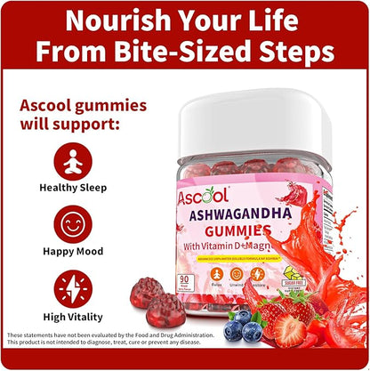Ashwagandha Gummies for Stress Support & Relaxation with Magnesium + Vitamin D – 90 Count Sugar-Free, Vegan Ashwa Supplements