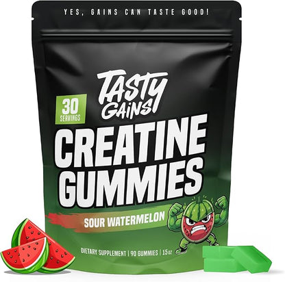 TASTY GAINS Creatine Gummies, 90g of Creatine, Non-GMO, Vegan - Build Muscle & Boost Strength for Men & Women (1g Creatine Monohydrate Per Gummy) Made in USA (90, Sour Watermelon)
