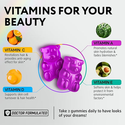 Biotin Gummies for Hair, Skin and Nails - Hair Growth Vitamins for Women & Men - Hair Loss Gummy Supplement with Extra Strength Biotin (Vitamin B7), Collagen, Keratin & DHT Blocker - 60 Chewable Bears