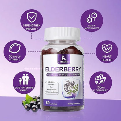 60 Gummies Sambucus Elderberry Gummies - Immune Support for Adults and kids 4+ 5 in 1 with Vitamin C, Zinc, Yeast β-glucan, Probiotics Complex, Nature Elderberry Supplement, Non-GMO, Gluten Free