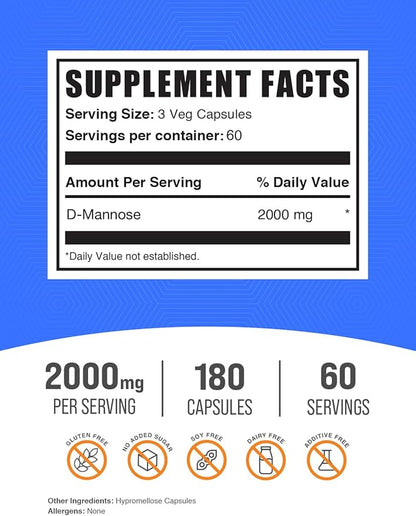 BulkSupplements.com D-Mannose Capsules - D-Mannose Supplement, for Urinary Tract Support - Vegan & Gluten Free, 3 Capsules per Serving (2000mg), 180 Count (Pack of 1)