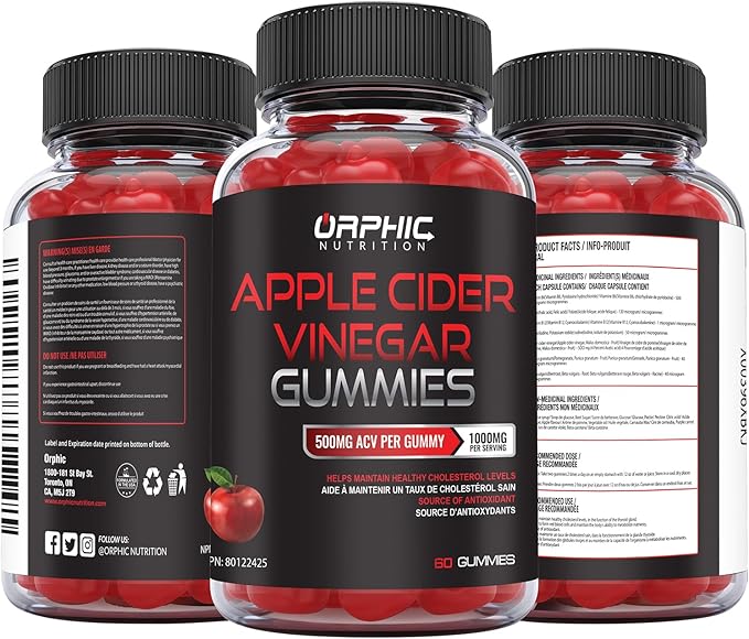 ORPHIC NUTRITION Apple Cider Vinegar Gummies - 1000mg - ACV Weight Loss Gummies - Supports Digestion, Detox & Cleansing - VIT B12, Beetroot - Gomitas de Vinagre de Manzana (60 pcs)