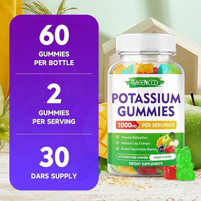 Potassium Citrate Gummies, High Potency Potassium Supplement for Adults Women & Men, Support Leg Cramps & Muscle Health, Sugar-Free, Mixfed Fruit Flavor, 60 Count
