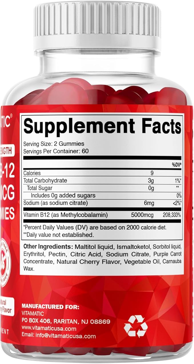 Vitamatic 2 Packs Extra Strength Vitamin B12 5000 mcg (Methyl B12) Gummies - 120 Count - Energy Metabolism Support and Nervous System Health Support, Natural Cherry Flavored