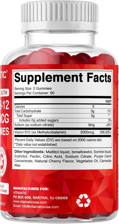 Vitamatic 2 Packs Extra Strength Vitamin B12 5000 mcg (Methyl B12) Gummies - 120 Count - Energy Metabolism Support and Nervous System Health Support, Natural Cherry Flavored