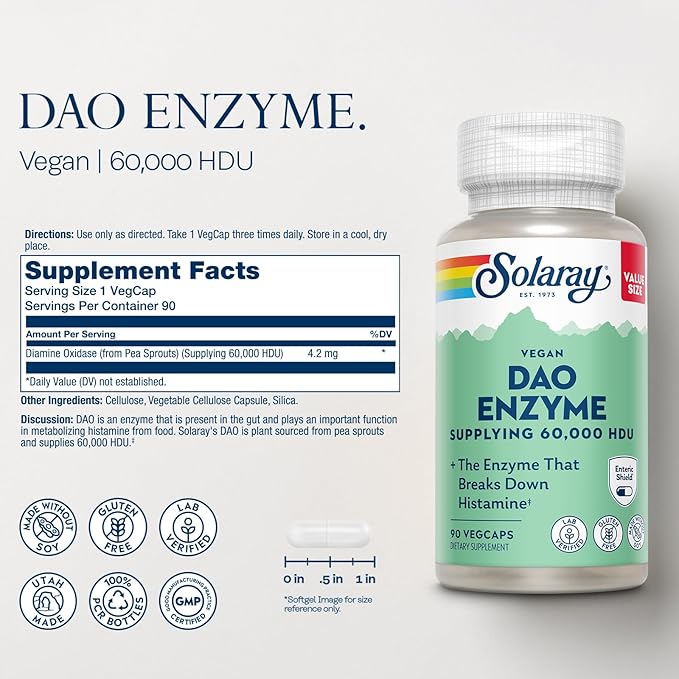 SOLARAY DAO Enzyme - Breaks Down Histamine - 60,000 HDU - Vegan, Gluten Free, Lab Verified - 90 Servings, 90 VegCaps