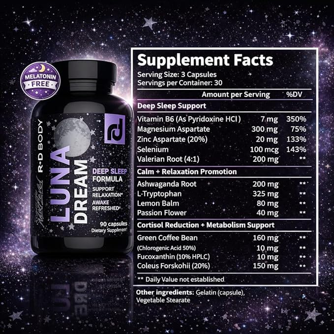 Luna Dream Natural Sleep Supplement for Relaxation & Restful Sleep (90 Capsules) - Natural Sleep Aid with Valerian Root, Ashwagandha, Magnesium, L-Tryptophan, Lemon Balm, & More - Melatonin Free