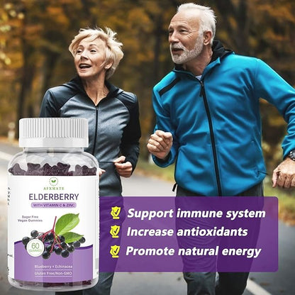 AFXMATE Sambucus Black Elderberry Gummies with Zinc and Vitamin C for Adults Kids Immune Support, Sugar Free Elderberry 120 Counts