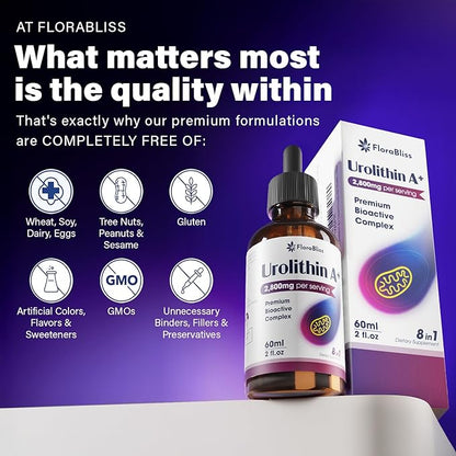 FloraBliss Urolithin A Supplement 2800 mg Liquid Drops | with Trans-Resveratrol, Collagen Peptides, Pomegranate Extract, Hyaluronic Acid, Vitamin E & C | 60ml |30-Day Supply