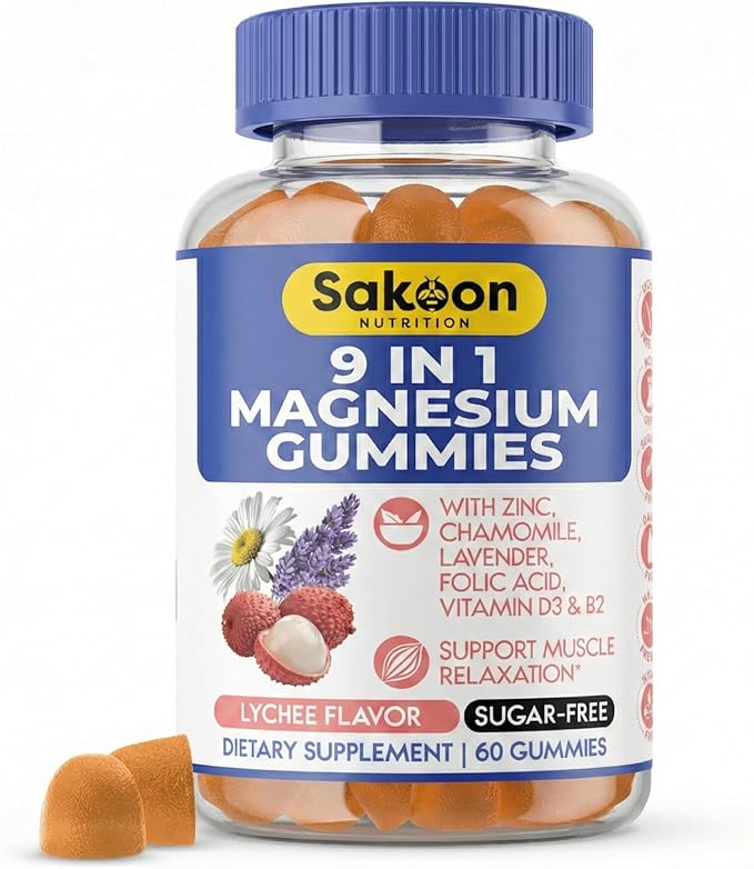 Sakoon Nutritions 9-in-1 Magnesium Gummies for Women & Men with Zinc & Vitamin D3 | Sugar Free Lychee Flavor with Magnesium Glycinate, Citrate & Malate | Muscle & Stress Relief | Halal, Vegan | 60pcs