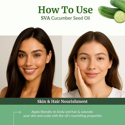 SVA Cucumber Seed Oil - 4 Fl Oz – 100% Natural Cold Pressed Cucumber Oil - for Face, Skin Care, Hair Care, Scalp Massage & Body Massage – Carrier Oil with Dropper