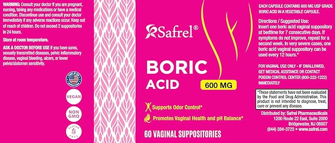 Safrel Boric Acid Vaginal Suppositories - 100% Pure Made in USA - Intimate Health Support, Vaginal Health and pH, Odor Control (60 Count)
