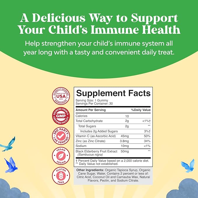 Kids Elderberry Gummies with Zinc and Vitamin C - Delicious Sambucus Black Elderberry Gummies for Kids Immune Support - Daily Immunity Support Vegan Non-GMO Gluten and Gelatin Free - 30 Count