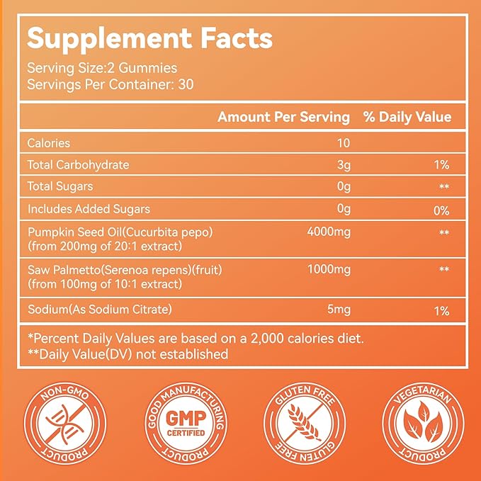 Sugar Free Pumpkin Seed Oil Gummies - 5000mg Per Serving with Saw Palmetto, Organic Pumpkin Seed Oil Supplement for Hair Growth & Skin Health, High Extract for Women and Men, 60 Count