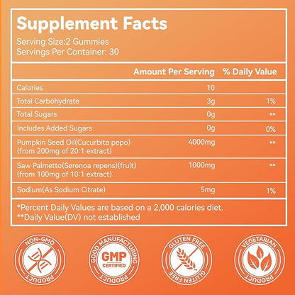 Sugar Free Pumpkin Seed Oil Gummies - 5000mg Per Serving with Saw Palmetto, Organic Pumpkin Seed Oil Supplement for Hair Growth & Skin Health, High Extract for Women and Men, 60 Count