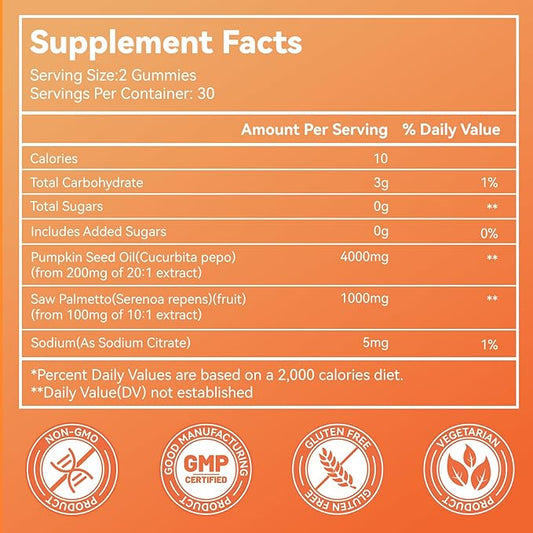 Sugar Free Pumpkin Seed Oil Gummies - 5000mg Per Serving with Saw Palmetto, Organic Pumpkin Seed Oil Supplement for Hair Growth & Skin Health, High Extract for Women and Men, 60 Count
