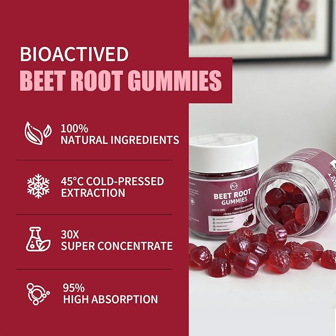 M inch Beet Root Gummies, Blood* Pressure Support & Nitric Oxide Booster, 8-in-1 Wellness Formula with Grape Seed, Coq10, Folic Acid, Vitamin C, B3 & B12, Sugar Free, Vegan, Pomegranate Flavor, 2 Pack