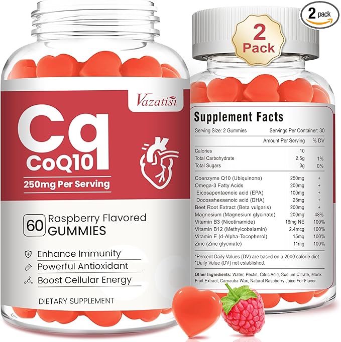 2 Pack CoQ10 Gummies 250 mg, Plus Omega-3, Magnesium, Vitamin B12 for Cellular Energy, Brain & Antioxidant, 5X Better Absorption Coenzyme Q10 Supplement, Raspberry Flavored Gummies - 120 Cts