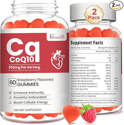 2 Pack CoQ10 Gummies 250 mg, Plus Omega-3, Magnesium, Vitamin B12 for Cellular Energy, Brain & Antioxidant, 5X Better Absorption Coenzyme Q10 Supplement, Raspberry Flavored Gummies - 120 Cts