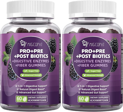 Migcopat Pre Post Probiotics Gummies, Probiotic Prebiotic Postbiotic Digestive Enzymes with Fiber, 120 Billion CFU Probiotics for Gut Health, Sugar Free, Vegan, BlackBerry Flavor, 120 Cts