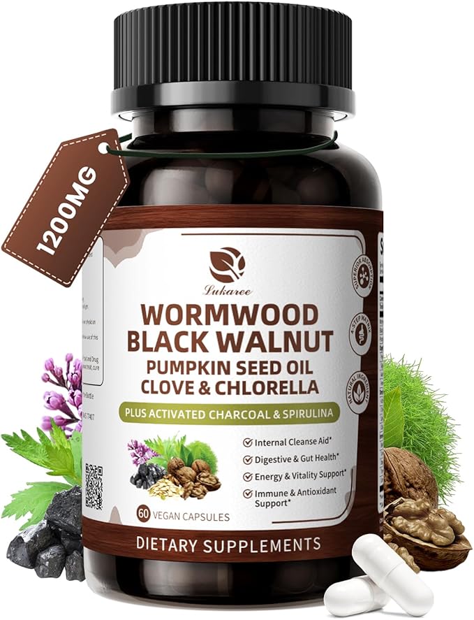 Lukaree Wormwood Black Walnut Cleanse for Human 1200mg – Ultra Gut Cleanse & Digestive Health w/Pumpkin Seed Oil,Clove,Activated Charcoal -10X Concentrated, Men & Women Probiotic Capsules -Vegan,60 CT