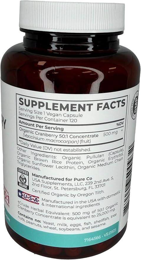 Organic Cranberry Pills - Vegan Supplement for Urinary Tract Health & Kidney Cleanse - Cranberry Pills for Women 500mg 50:1 Cranberry Concentrate Per Serving - Urinary Tract Support - 120 Capsules