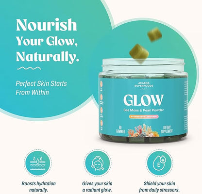 Akasha Superfoods Sea Moss Glow Gummies, Hair, Skin & Nails Vitamins with Seamoss, Pearl Powder, Vitamin E, Aloe Vera, Liposomal Vitamin C, and Irish Sea Moss, Gummies for Women & Men, 60 Count