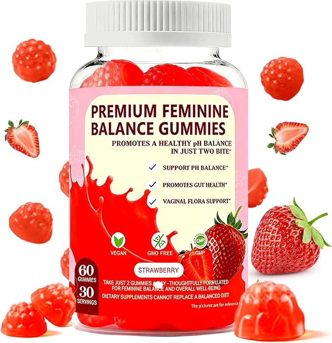 PH Gummies for Women - Ph Balance Gummies for Women Private Area, Feminine Gummy for Immune & Energy Supplement, Vegan, Gluten-Free, Strawberry Flavor, 60 Count