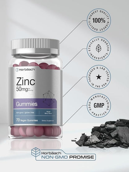 Horbäach Zinc Gummies | 50mg | 70 Count | Mixed Berry Flavor | Vegan, Non-GMO, Gluten Free Formula