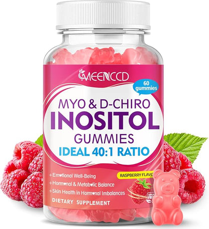 Myo-Inositol & D-Chiro Inositol Gummies, 40:1 Ratio Inositol with Vitamin D3, Magnesium Glycinate, Folate & Zinc, Inositol Supplement for Female Health, Raspberry Flavor, 60 Count